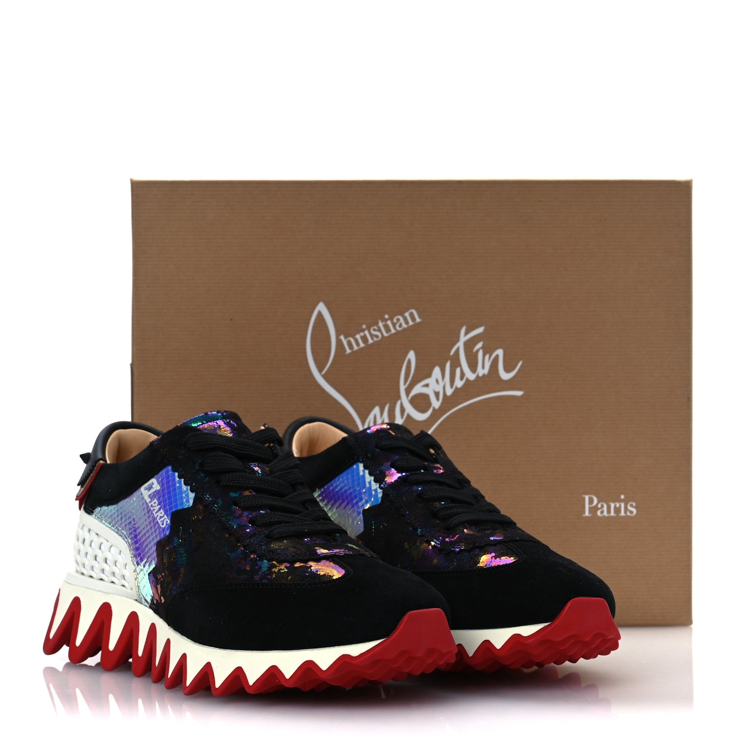 Suede Mesh Calfskin Loubishark Sneakers 38.5 Black Multicolor