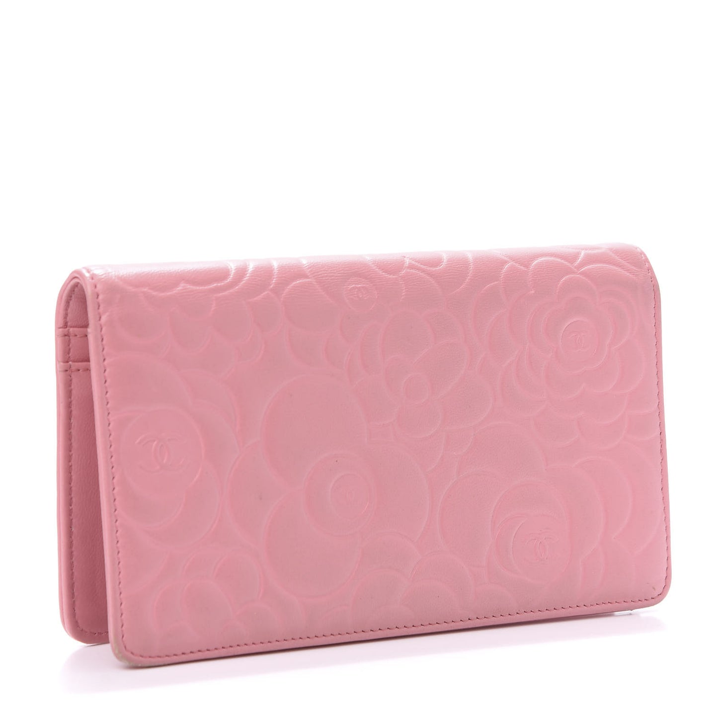 Lambskin Camellia Embossed Yen Wallet Pink