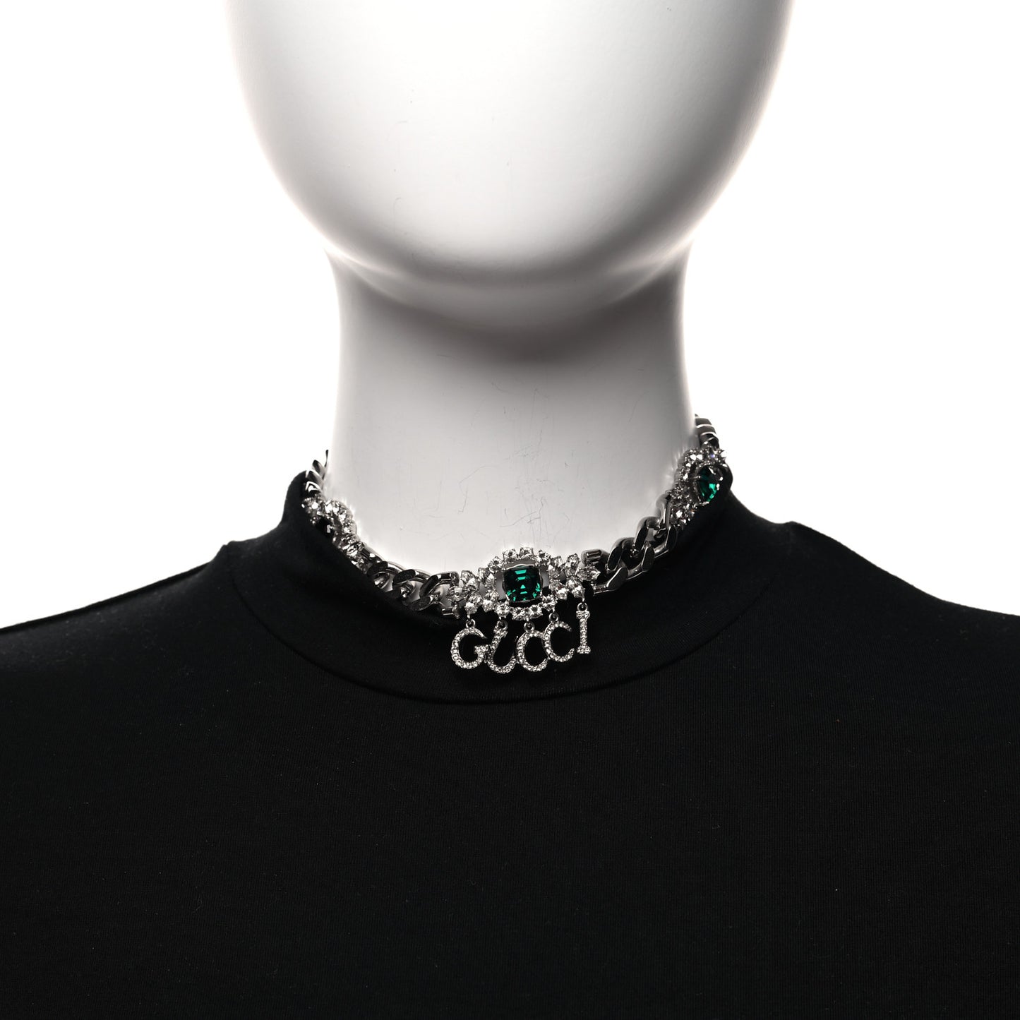 Crystals Gucci Script Choker Necklace Silver Green
