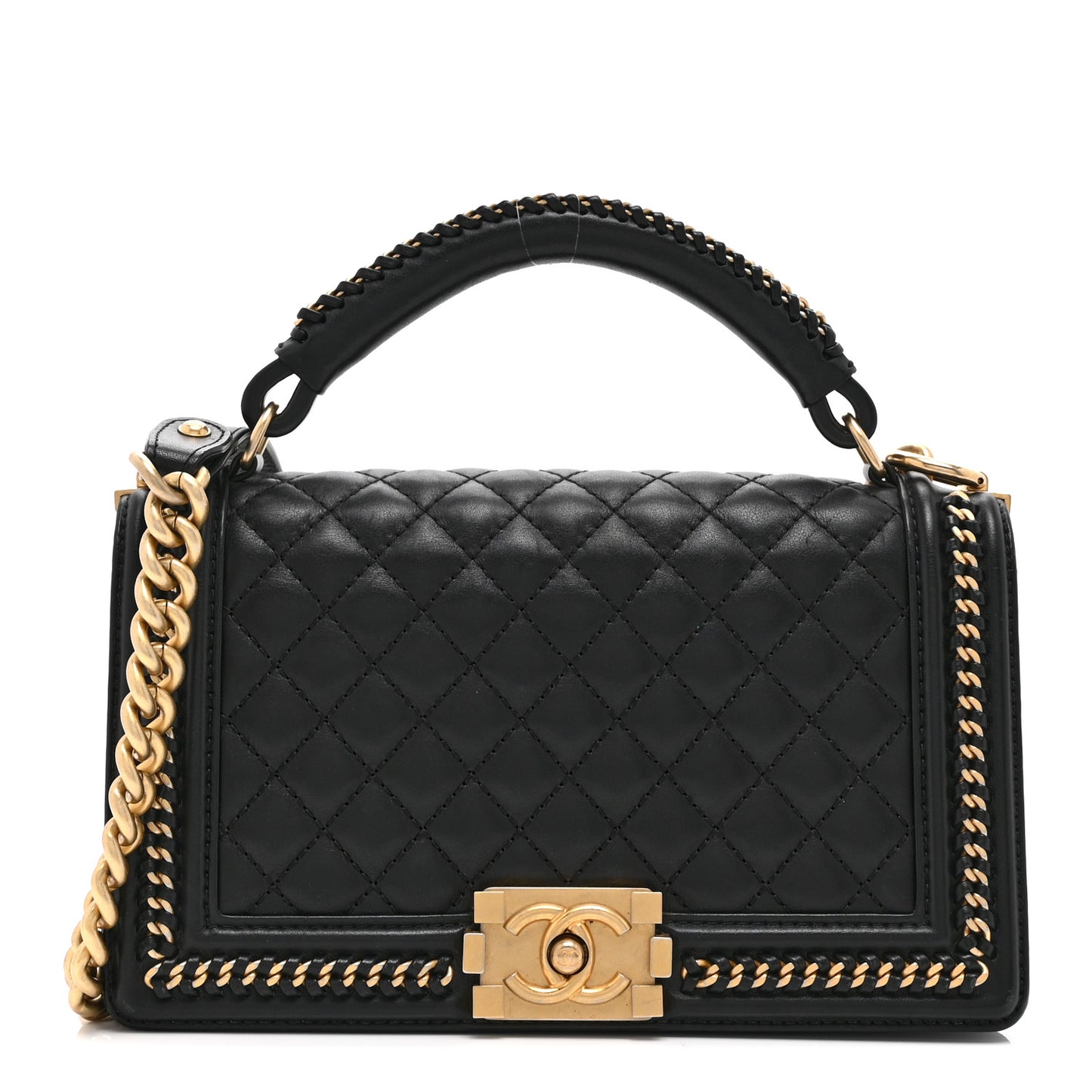 Lambskin Quilted Medium Top Handle Boy Flap Black