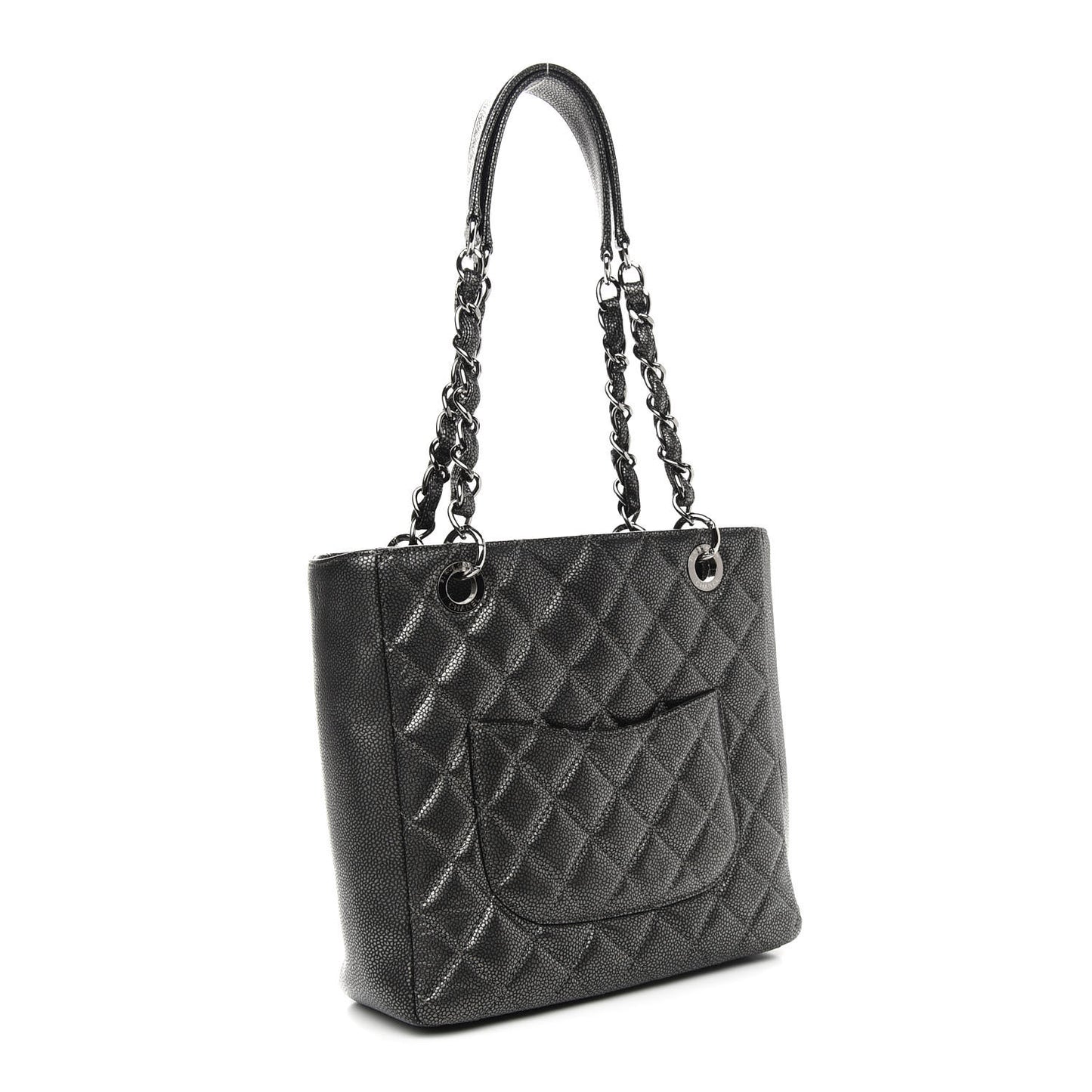 Metallic Caviar Quilted Petit Shopping Tote PST Dark Silver
