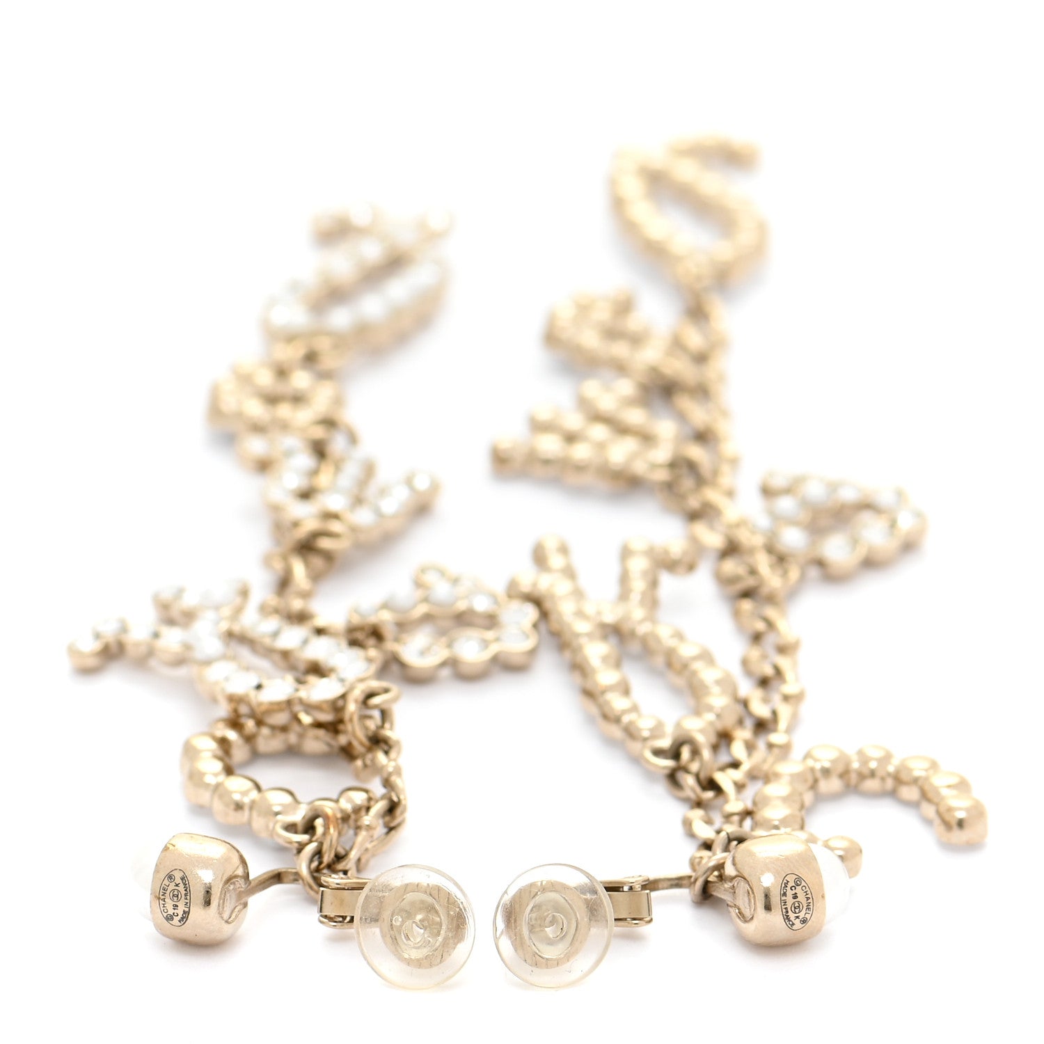 Chanel Crystal Pearl Drop Letter Earrings Gold 3 of 4