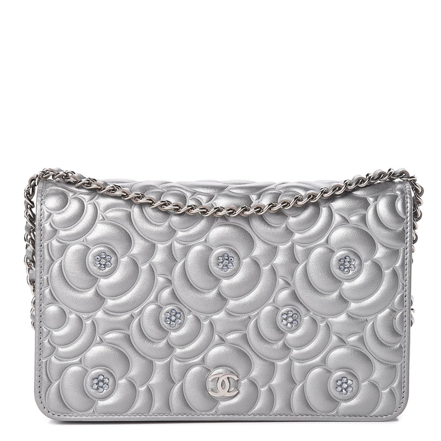 Metallic Lambskin Camellia Crystal Wallet on Chain WOC Silver