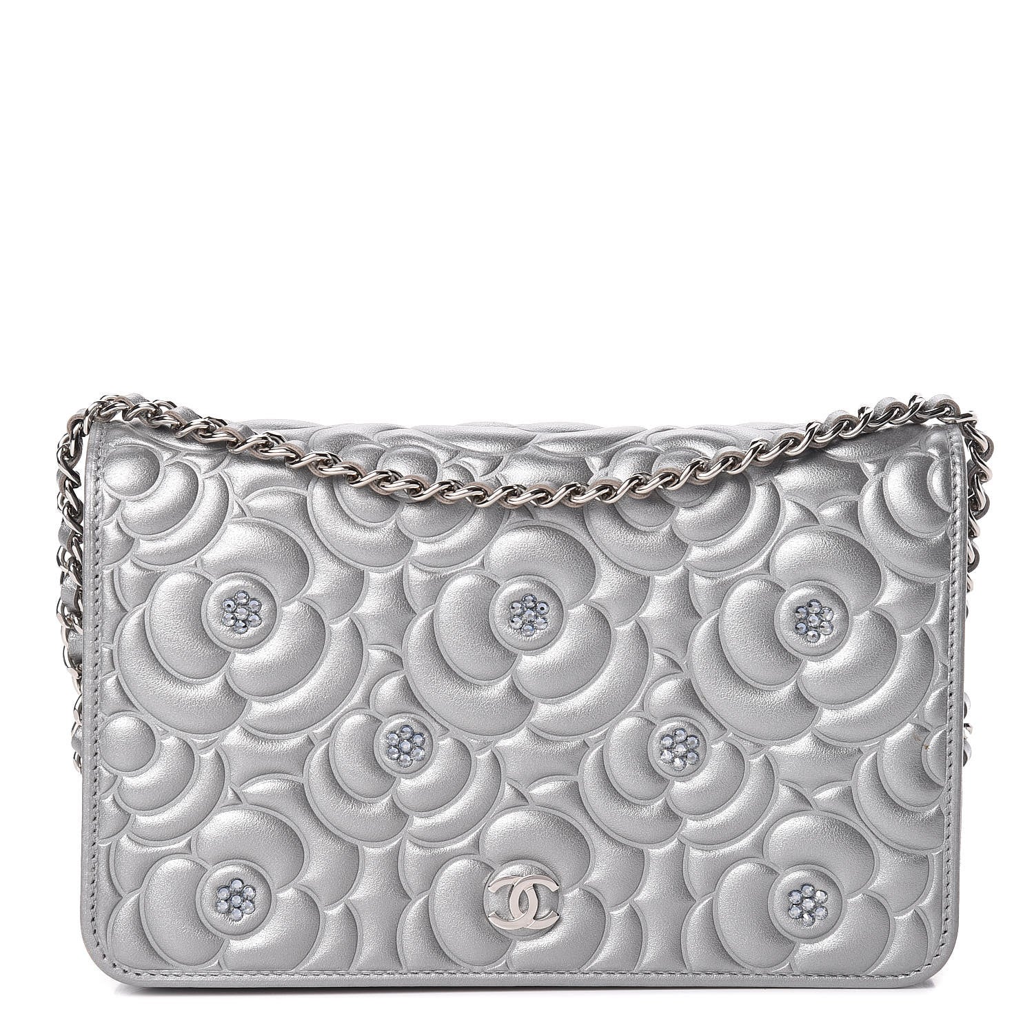 Chanel Metallic Lambskin Camellia Crystal Wallet on Chain WOC Silver 1 of 14