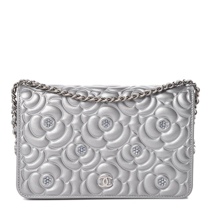 Chanel Metallic Lambskin Camellia Crystal Wallet on Chain WOC Silver 1 of 14