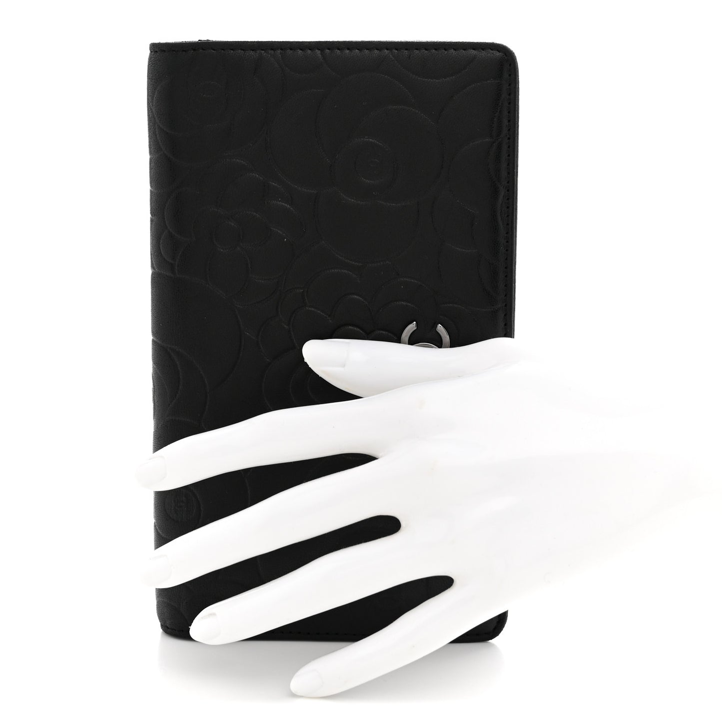 Lambskin Camellia Embossed Yen Wallet Black