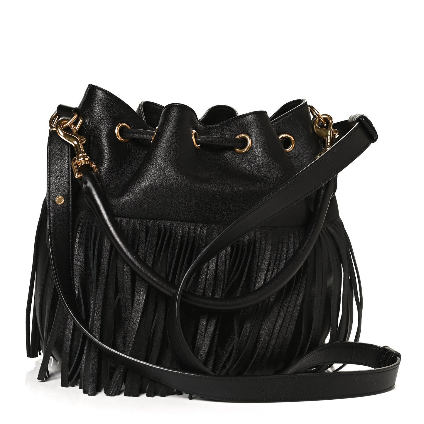Calfskin Small Emmanuelle Fringe Bucket Bag Black