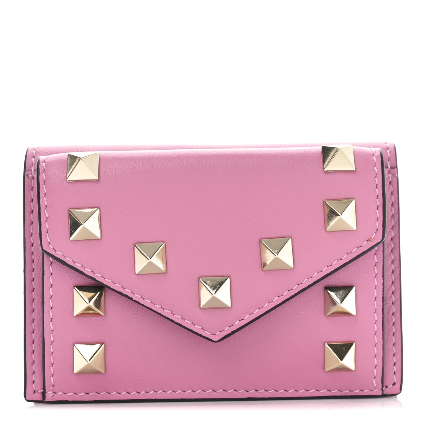 Calfskin Small Tri-Fold Rockstud Wallet Pink