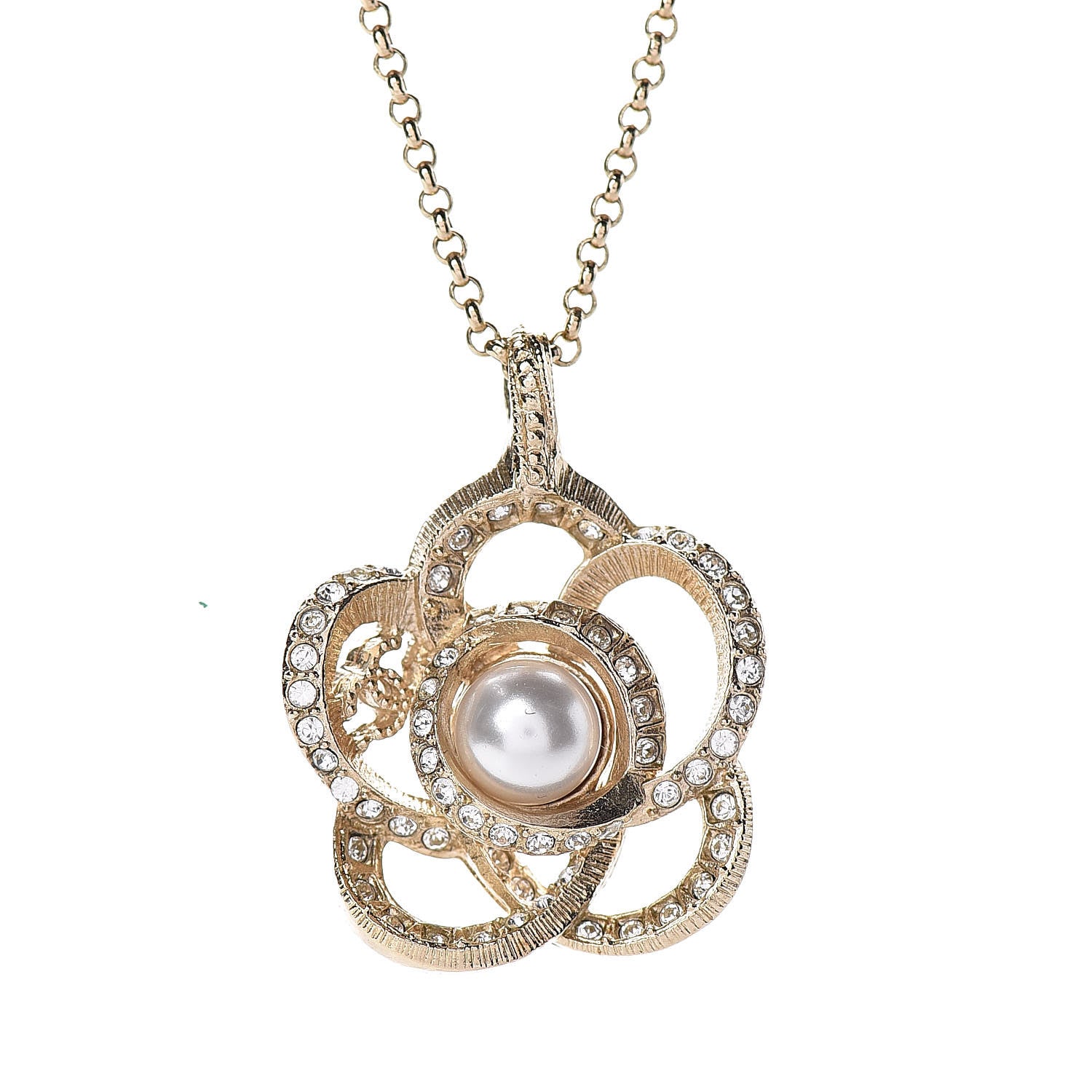 Chanel Crystal Pearl Camellia Necklace Gold 4 of 7