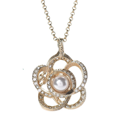Chanel Crystal Pearl Camellia Necklace Gold 4 of 7