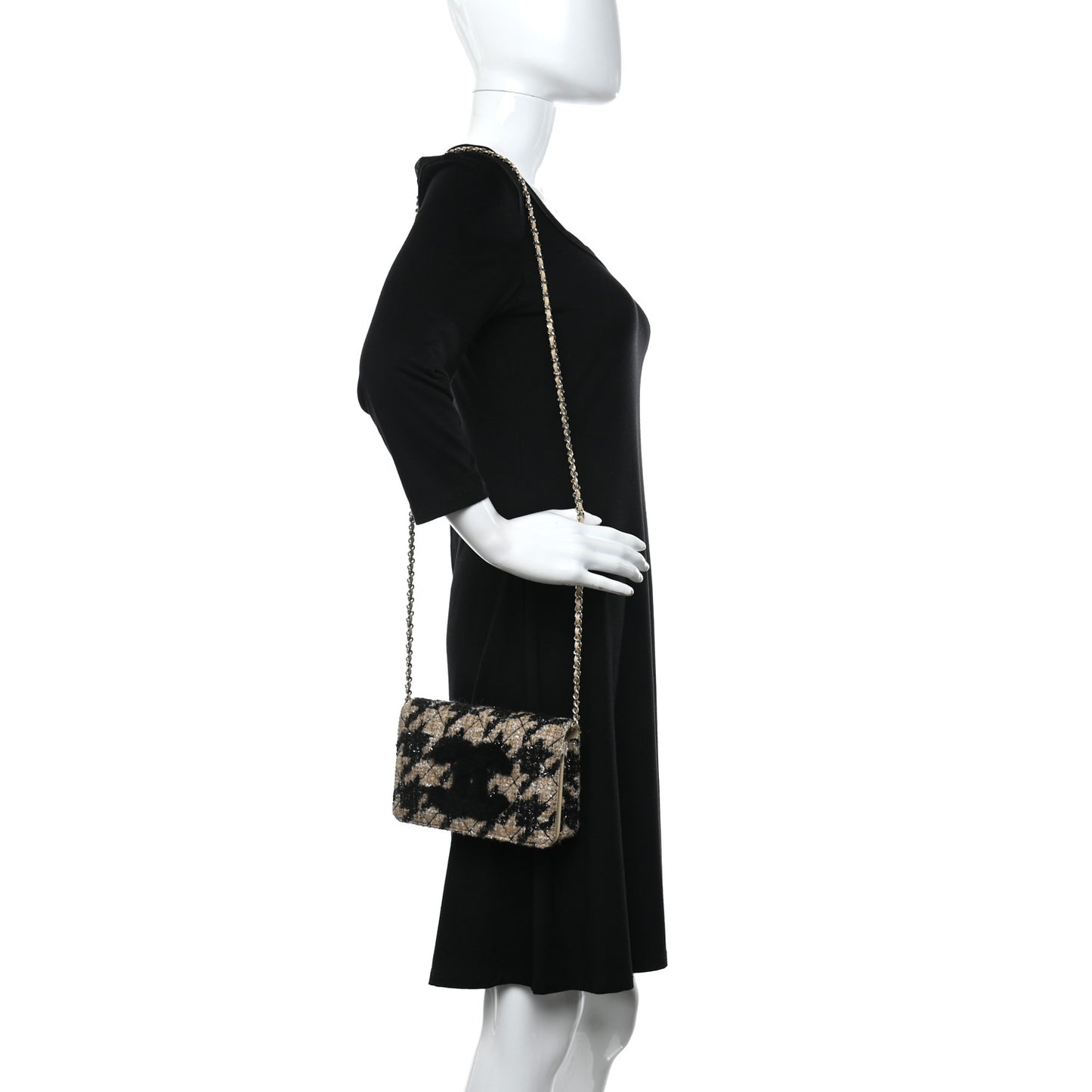 Tweed Shearling Quilted Chanel Wallet On Chain WOC Beige Black