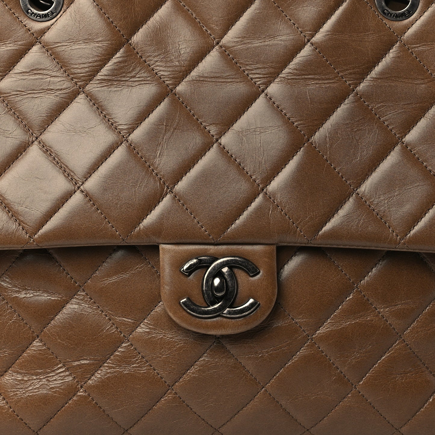 Glazed Calfskin Quilted Large Front Flap Tote Dark Beige