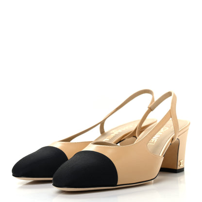 Chanel Goatskin Grosgrain Cap Toe CC Slingback Pumps 38 Beige Black 3 of 8