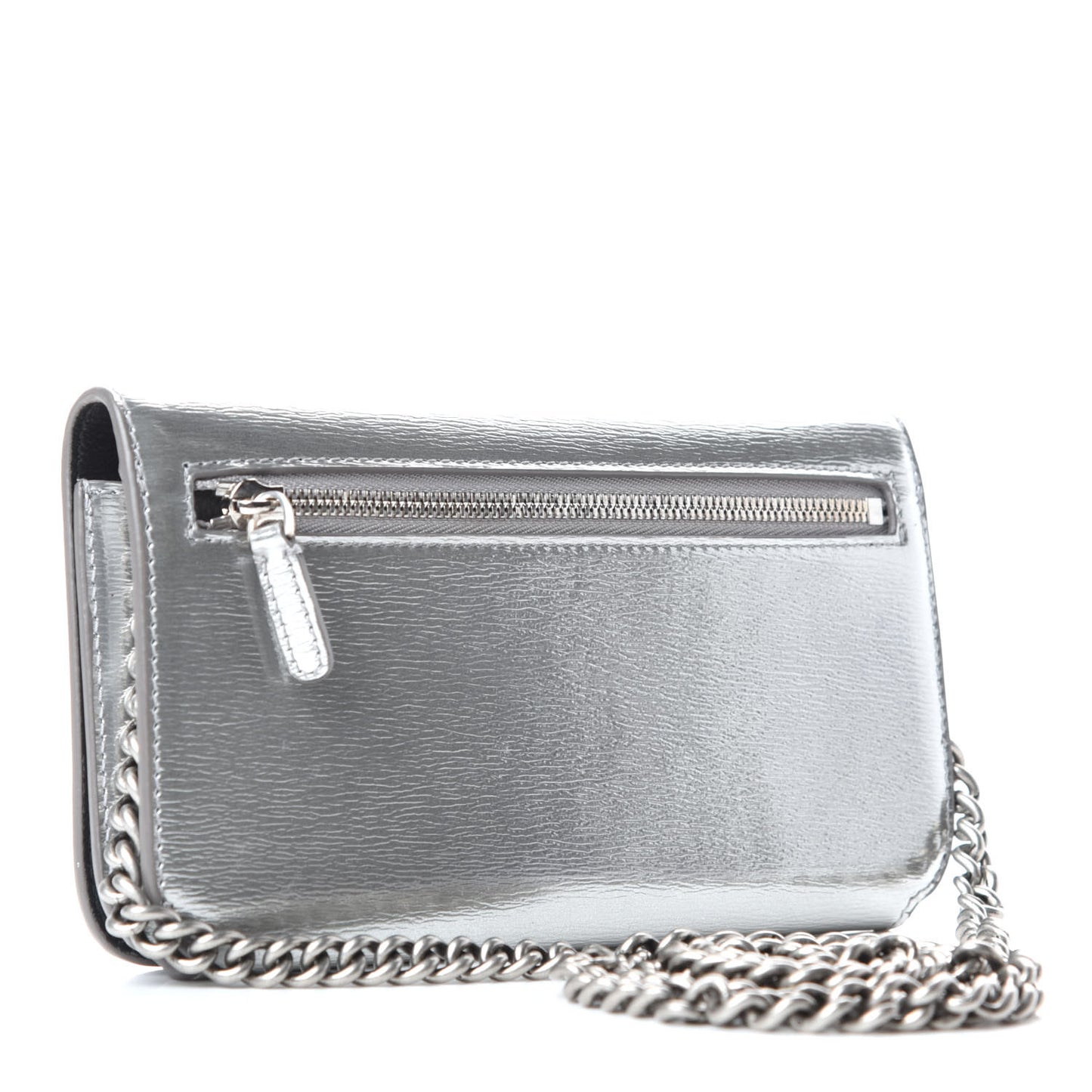 Metallic Grained Calfskin BB Phone Holder Wallet On Chain Silver