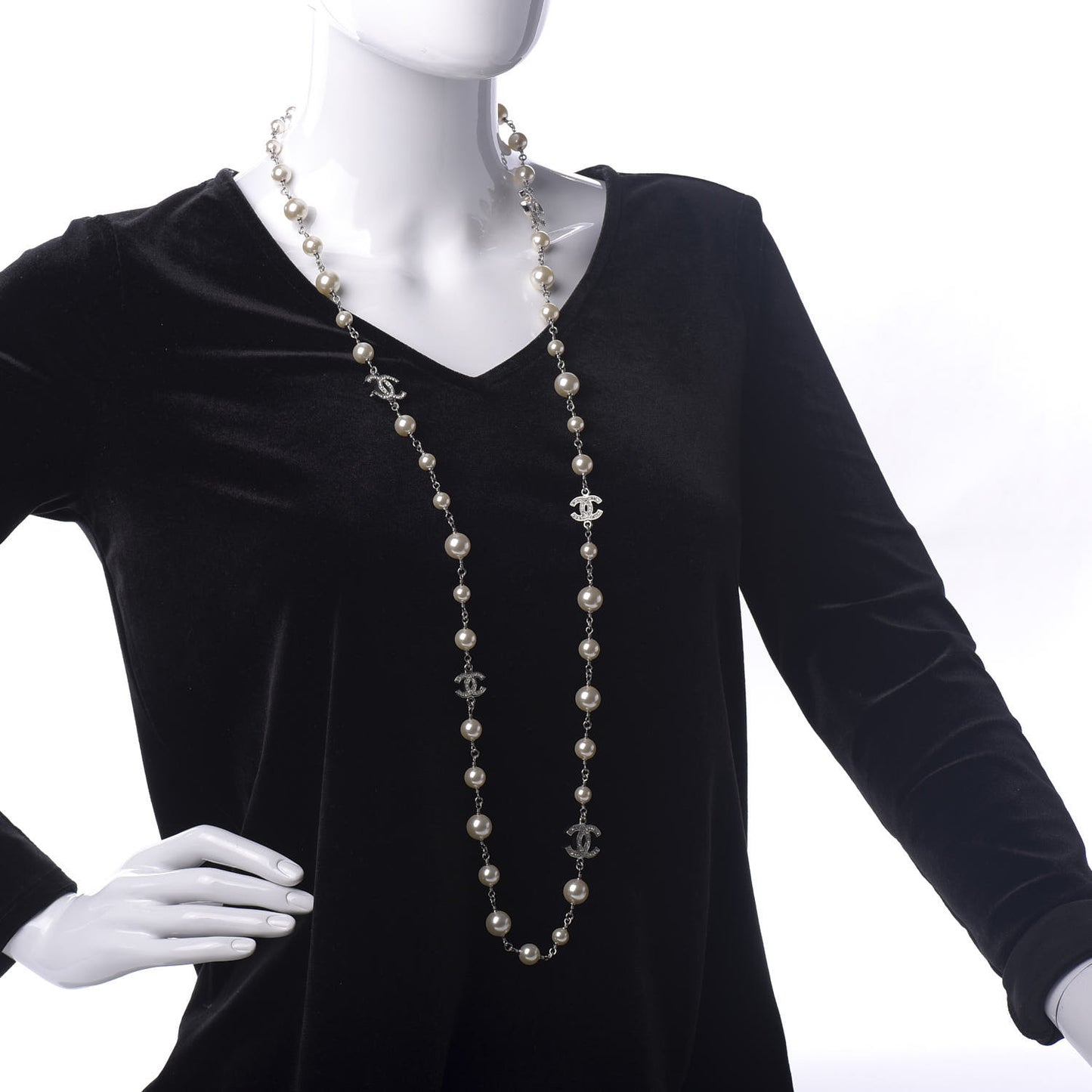 Crystal Pearl CC Long Necklace Silver