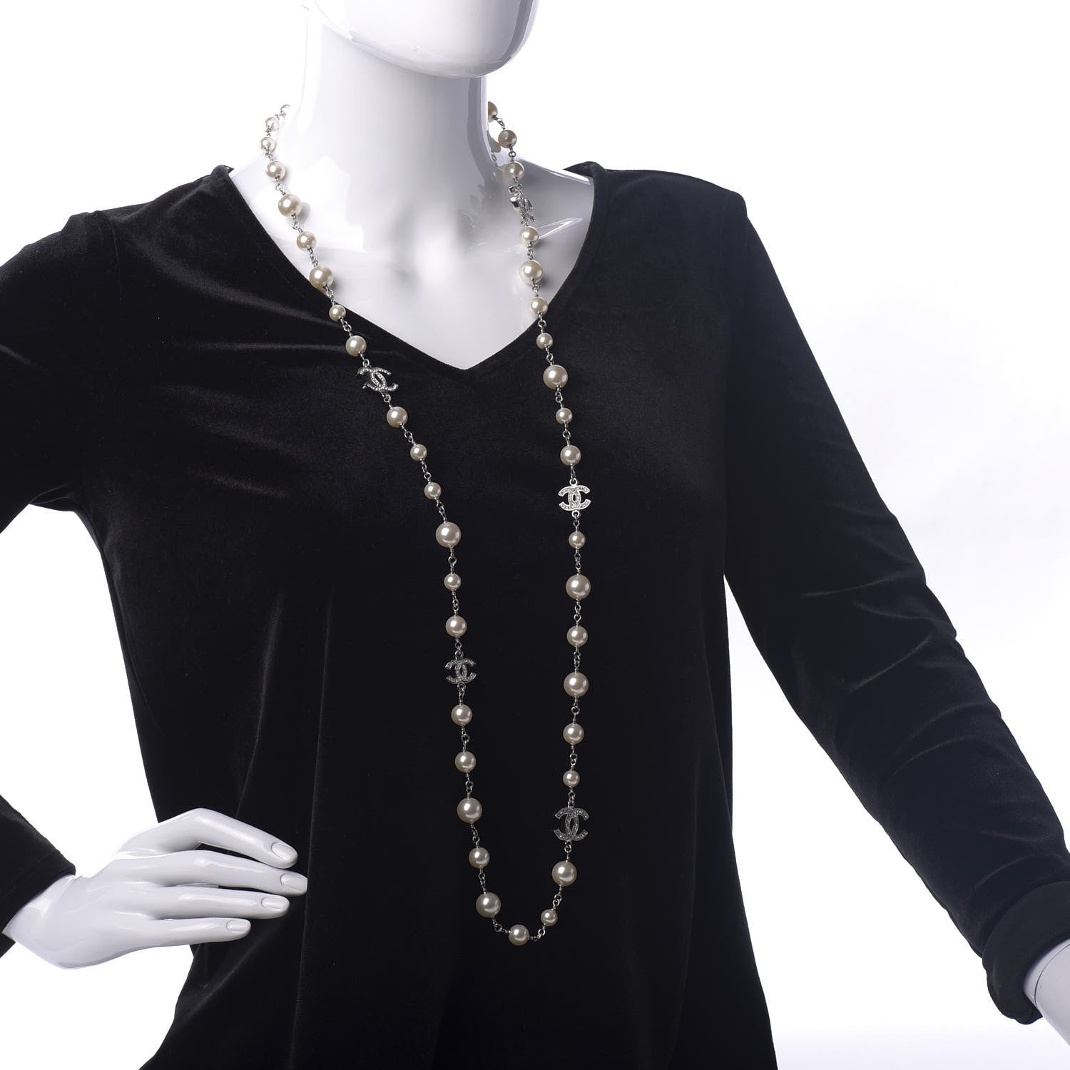Chanel Crystal Pearl CC Long Necklace Silver 2 of 6