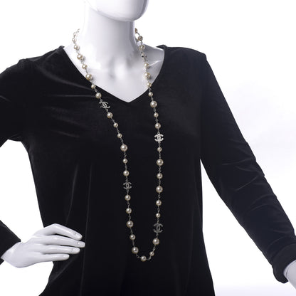Chanel Crystal Pearl CC Long Necklace Silver 2 of 6