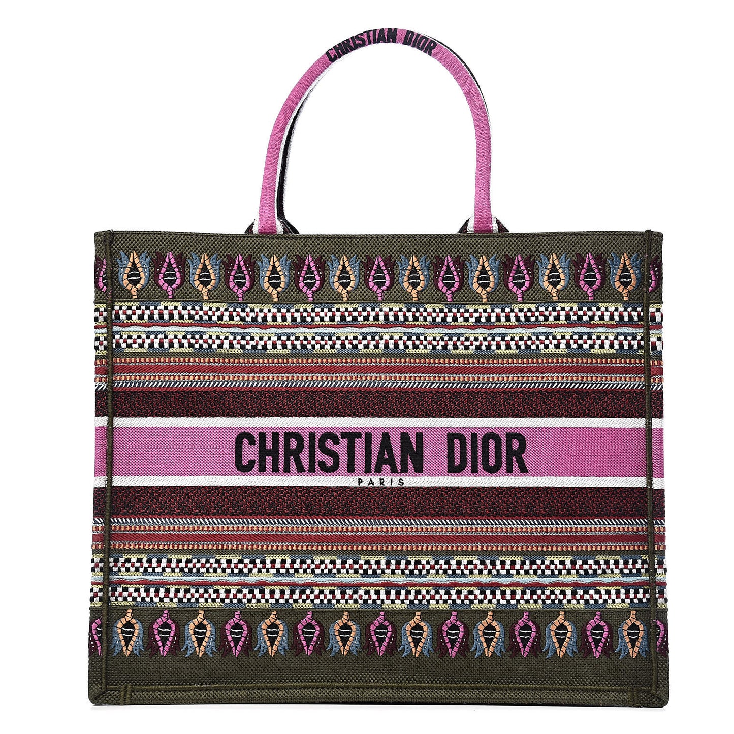 Canvas Embroidered Book Tote Olive Multicolor