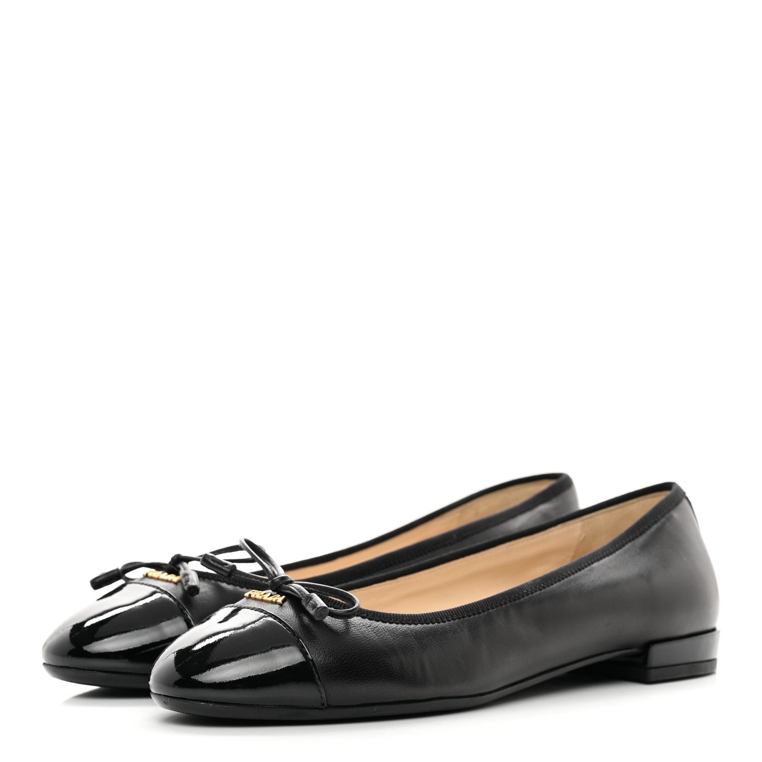 Prada Nappa Vernice Cap Toe Logo Bow Ballerina Flats 35 Black 3 of 14