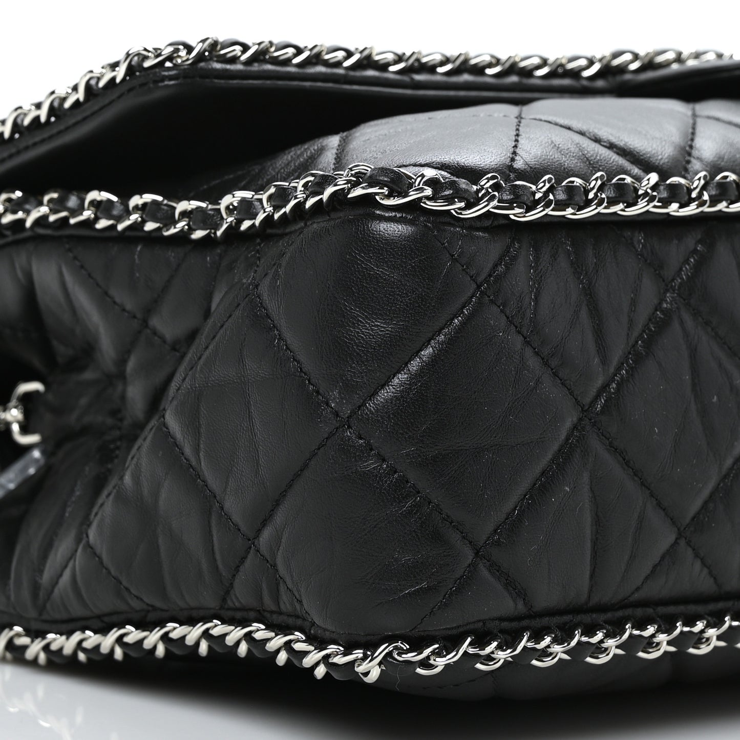 Crumpled Calfskin Quilted Large Chain All Over Flap Bag Black