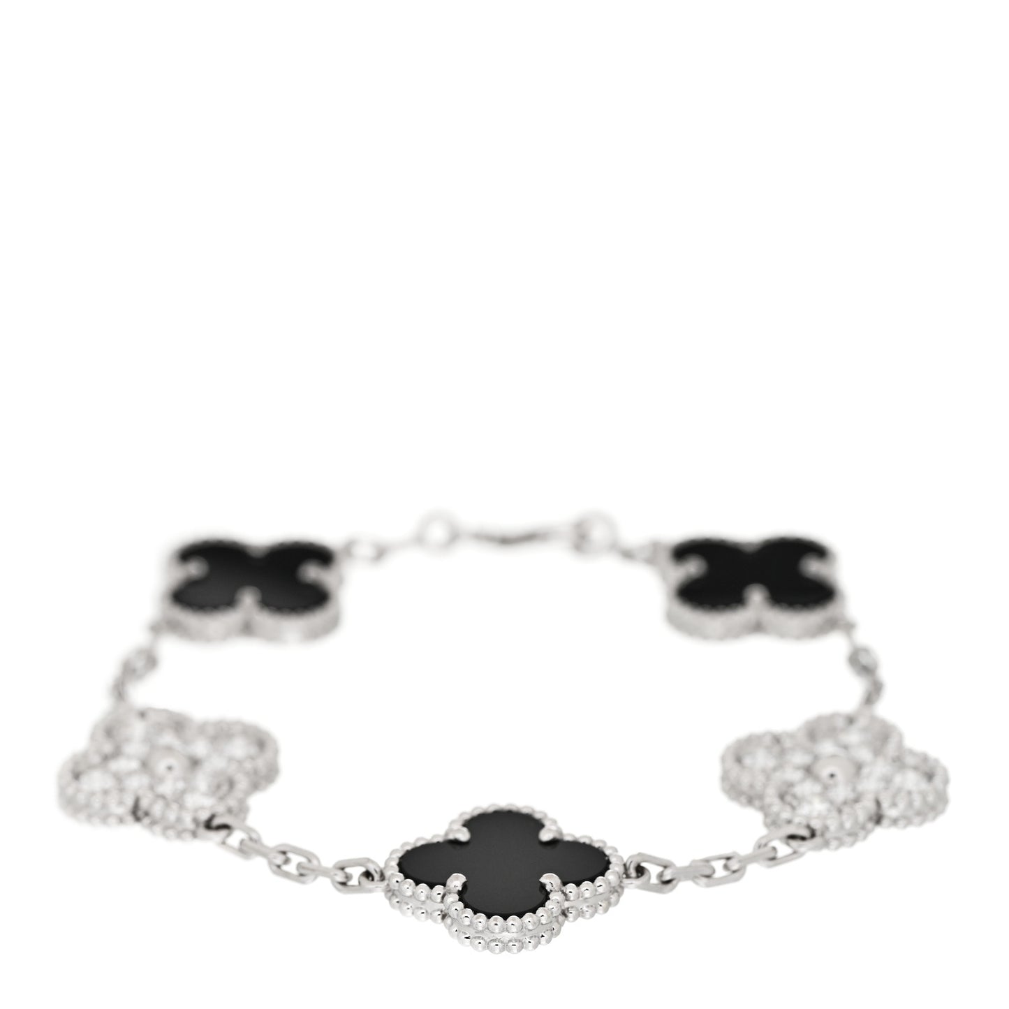 18K White Gold Diamond Black Onyx 5 Motifs Vintage Alhambra Bracelet