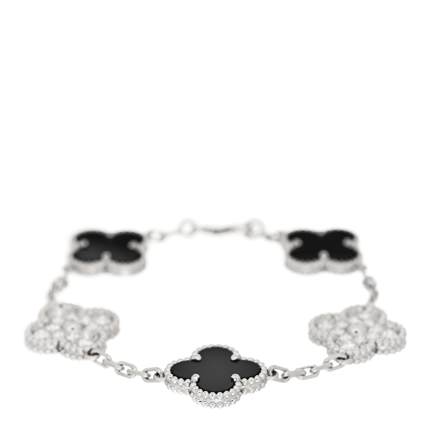 Van Cleef & Arpels 18K White Gold Diamond Black Onyx 5 Motifs Vintage Alhambra Bracelet 1 of 6
