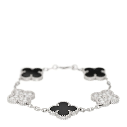 Van Cleef & Arpels 18K White Gold Diamond Black Onyx 5 Motifs Vintage Alhambra Bracelet 1 of 6