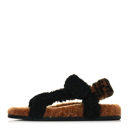 Fendi Shearling FF Fendi Feel Sandals 40.5 Tobacco Black 1 of 9