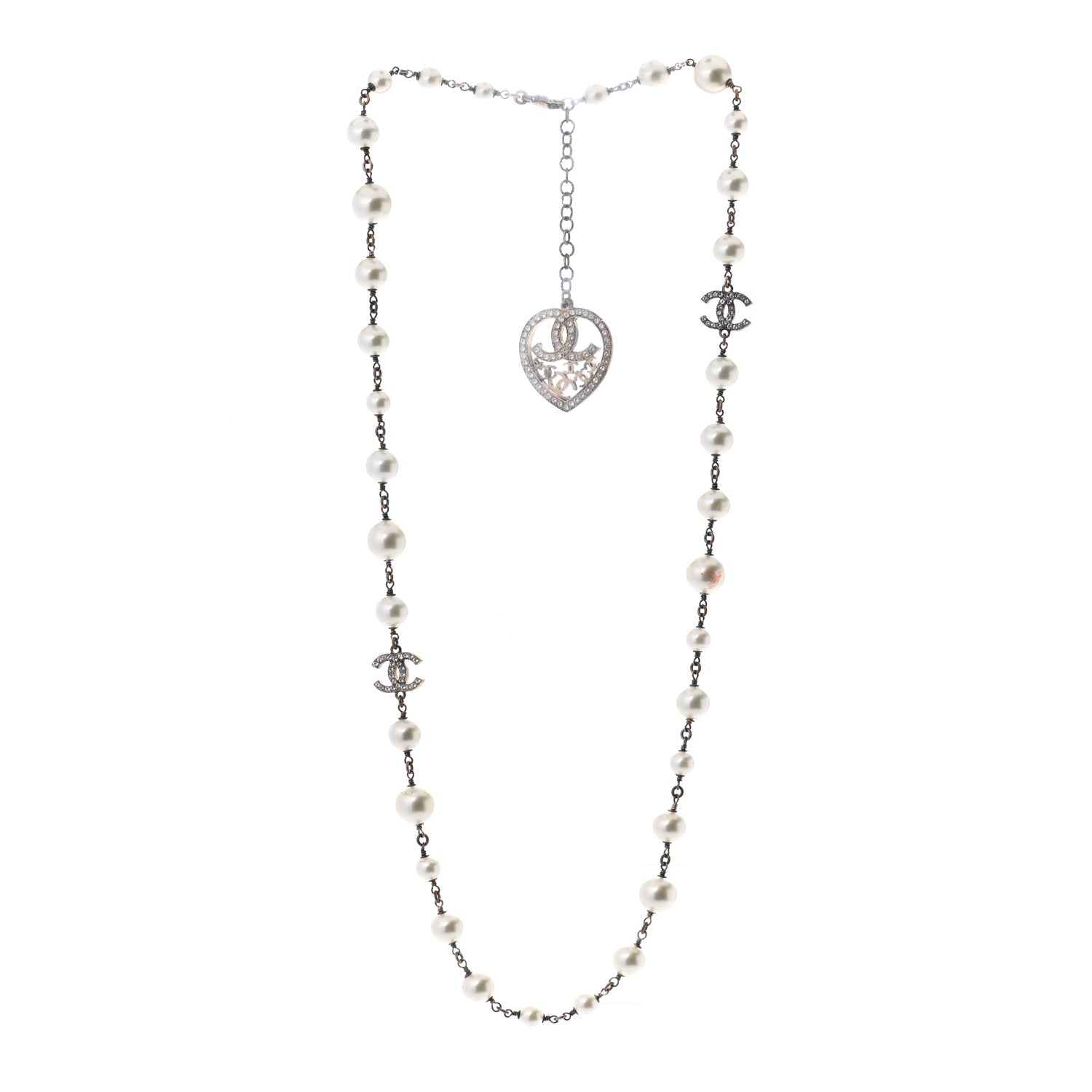 Chanel Swarovski Crystal Pearl CC Heart Necklace Gold 3 of 6