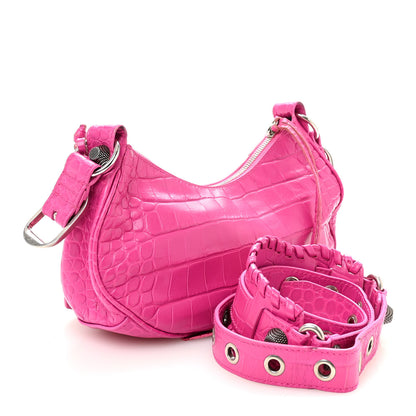 Balenciaga Extra Supple Calfskin Crocodile Embossed XS Le Cagole Shoulder Bag Lipstick Pink 3 of 10