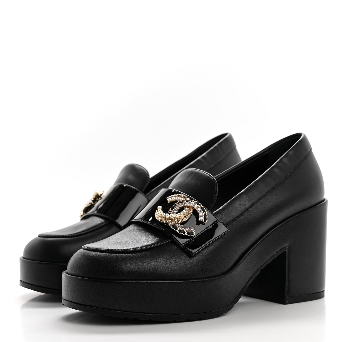 Lambskin Pearl Crystal Quilted CC Loafers 36 Black