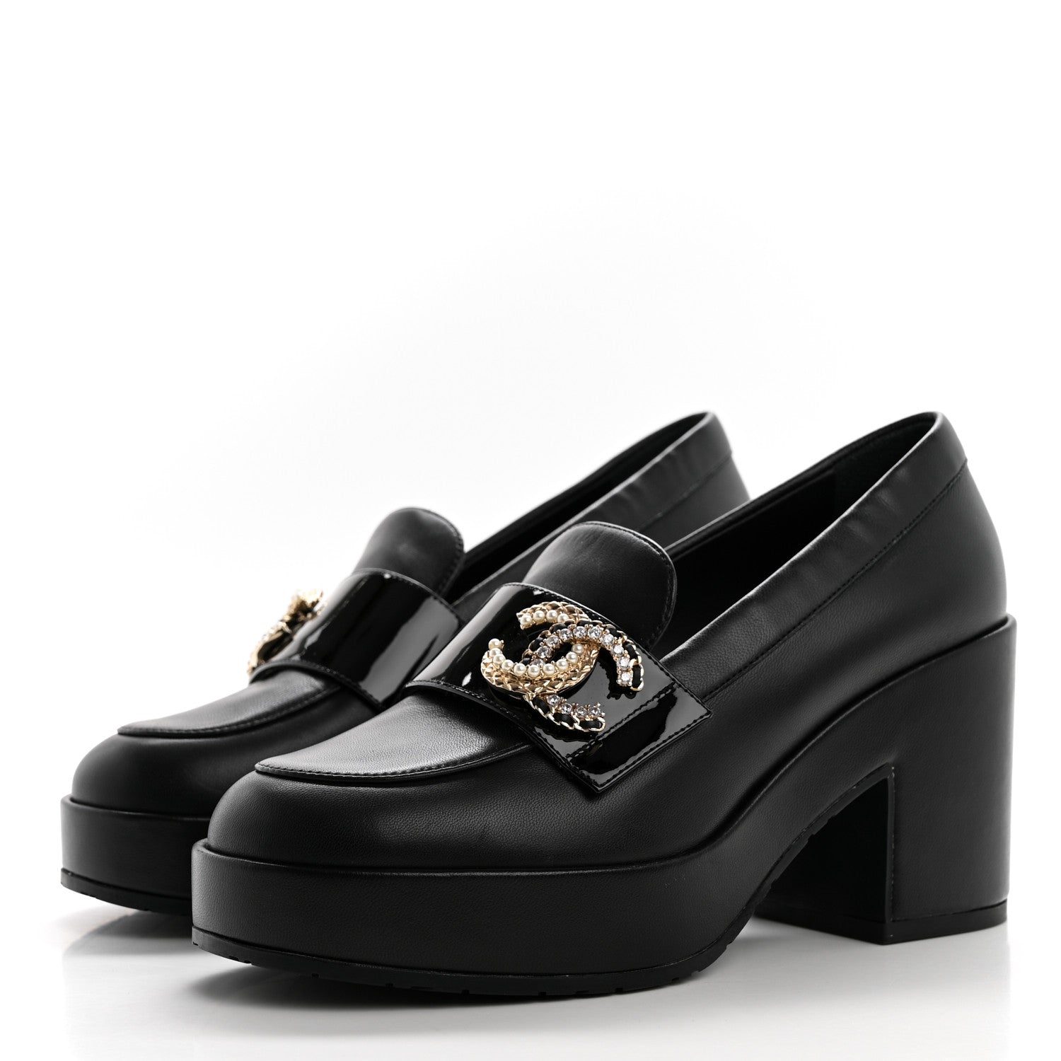 Chanel Lambskin Pearl Crystal Quilted CC Loafers 36 Black 3 of 9
