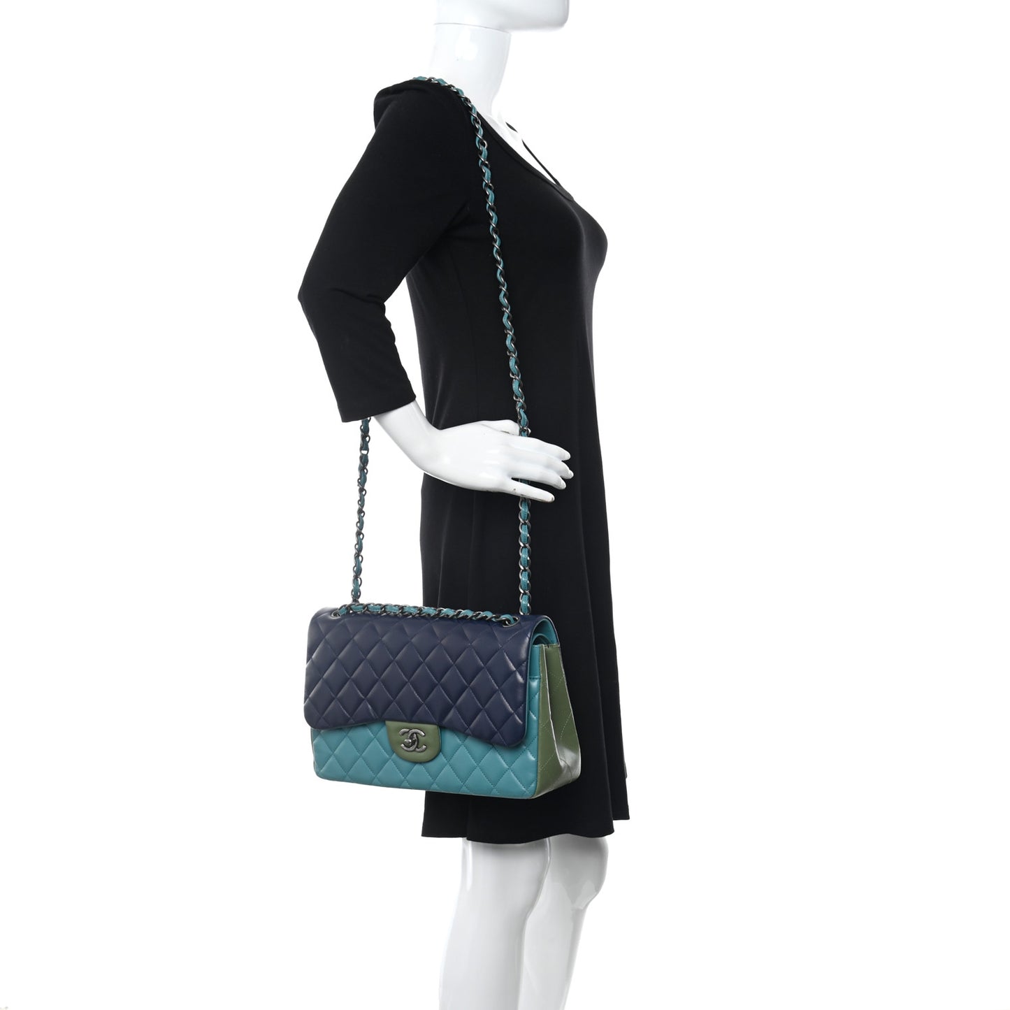 Lambskin Quilted Tri-Color Jumbo Double Flap Navy Blue Green