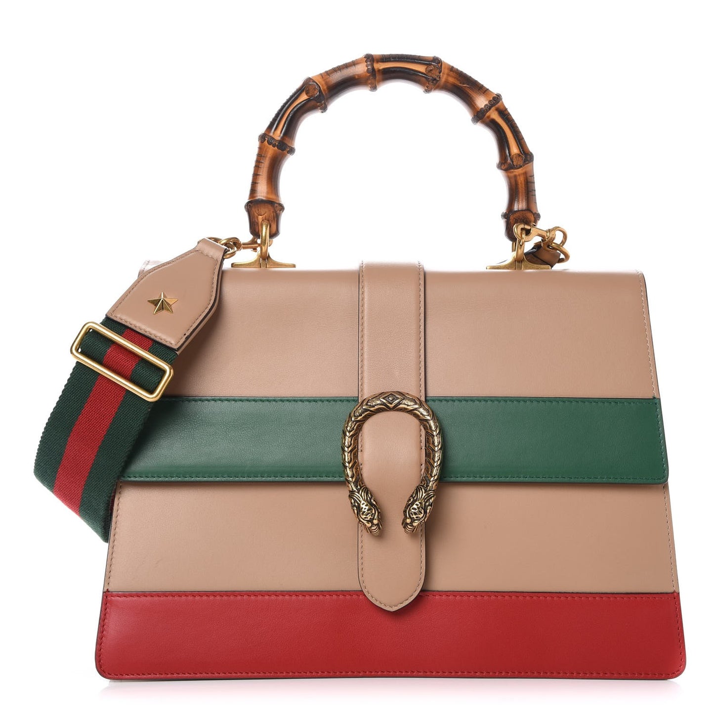 Moon Calfskin Web Large Dionysus Bamboo Top Handle Bag Camelia Bright Evergreen Hibiscus Red