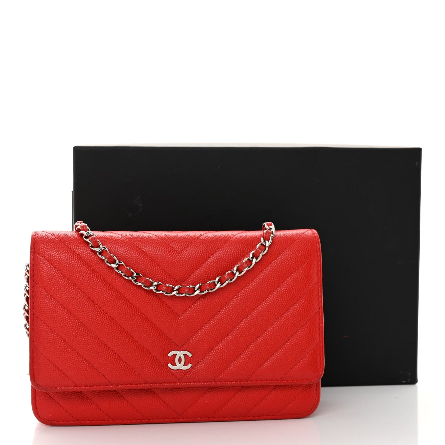 Caviar Chevron Quilted Wallet On Chain WOC Red