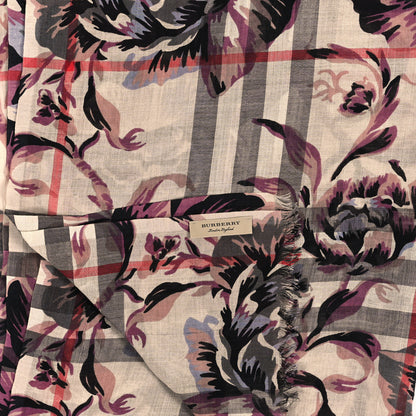 Burberry Modal Cashmere Check Peony Rose Print Shawl Scarf Beige Multicolor 3 of 4