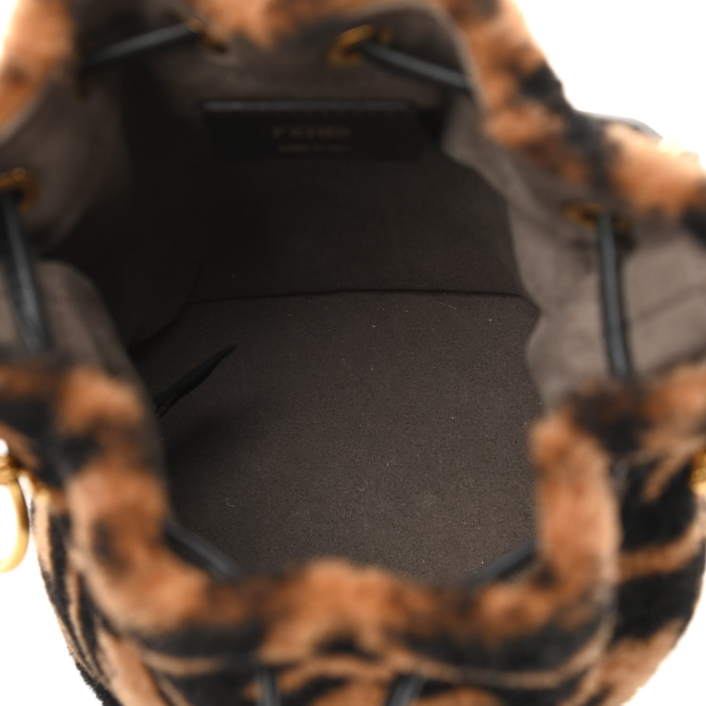 Shearling Vitello Dolce F is Fendi Macro FF 1974 Mini Mon Tresor Bucket Bag Tobacco Black