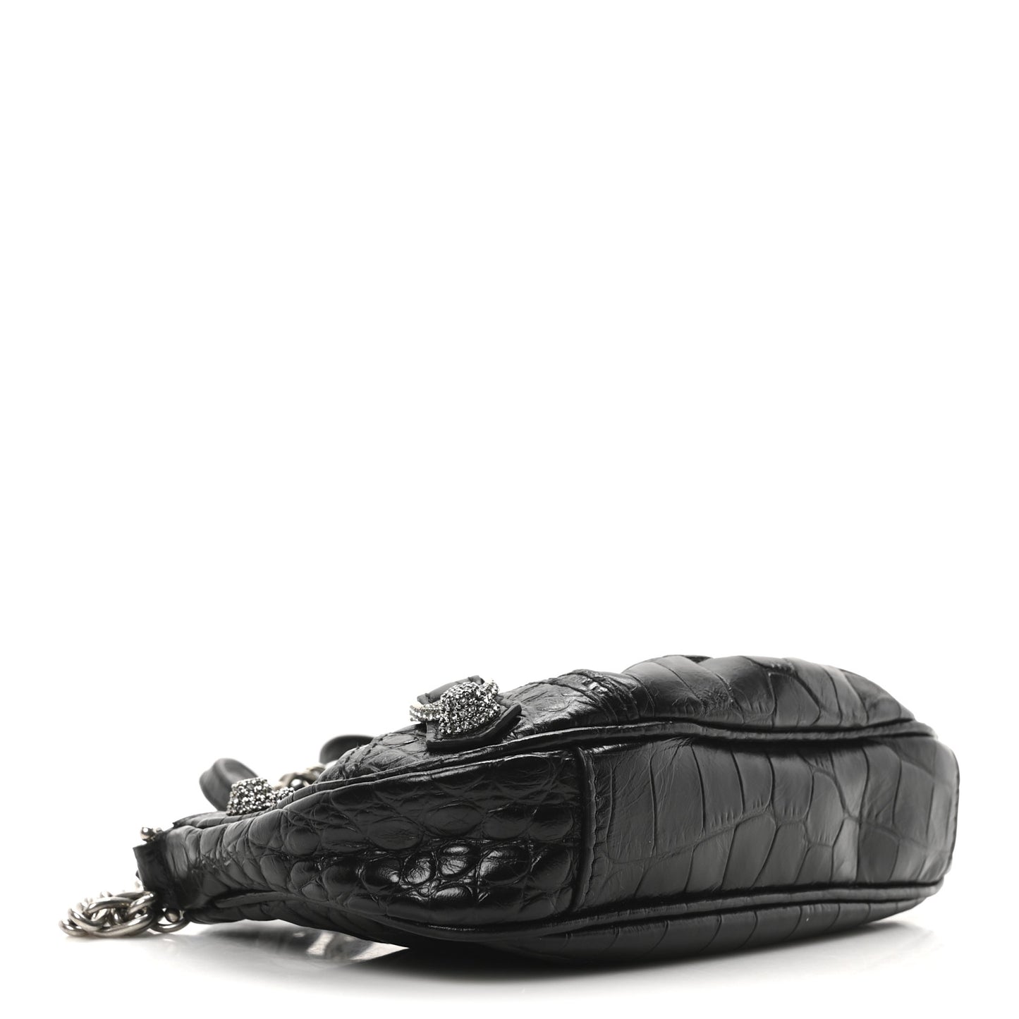 Extra Supple Calfskin Crocodile Embossed Crystal Le Cagole Mini Purse With Chain Black