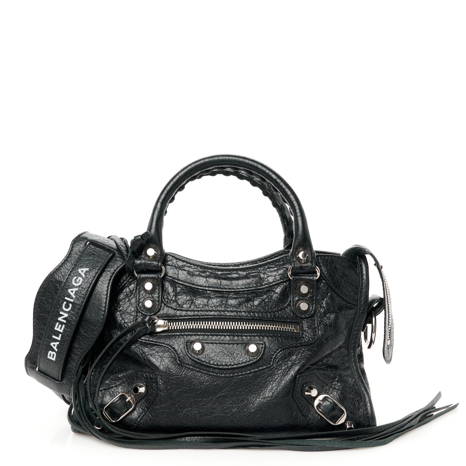 Balenciaga Agneau Classic Silver Hardware Mini City Logo Strap Black White 1 of 11