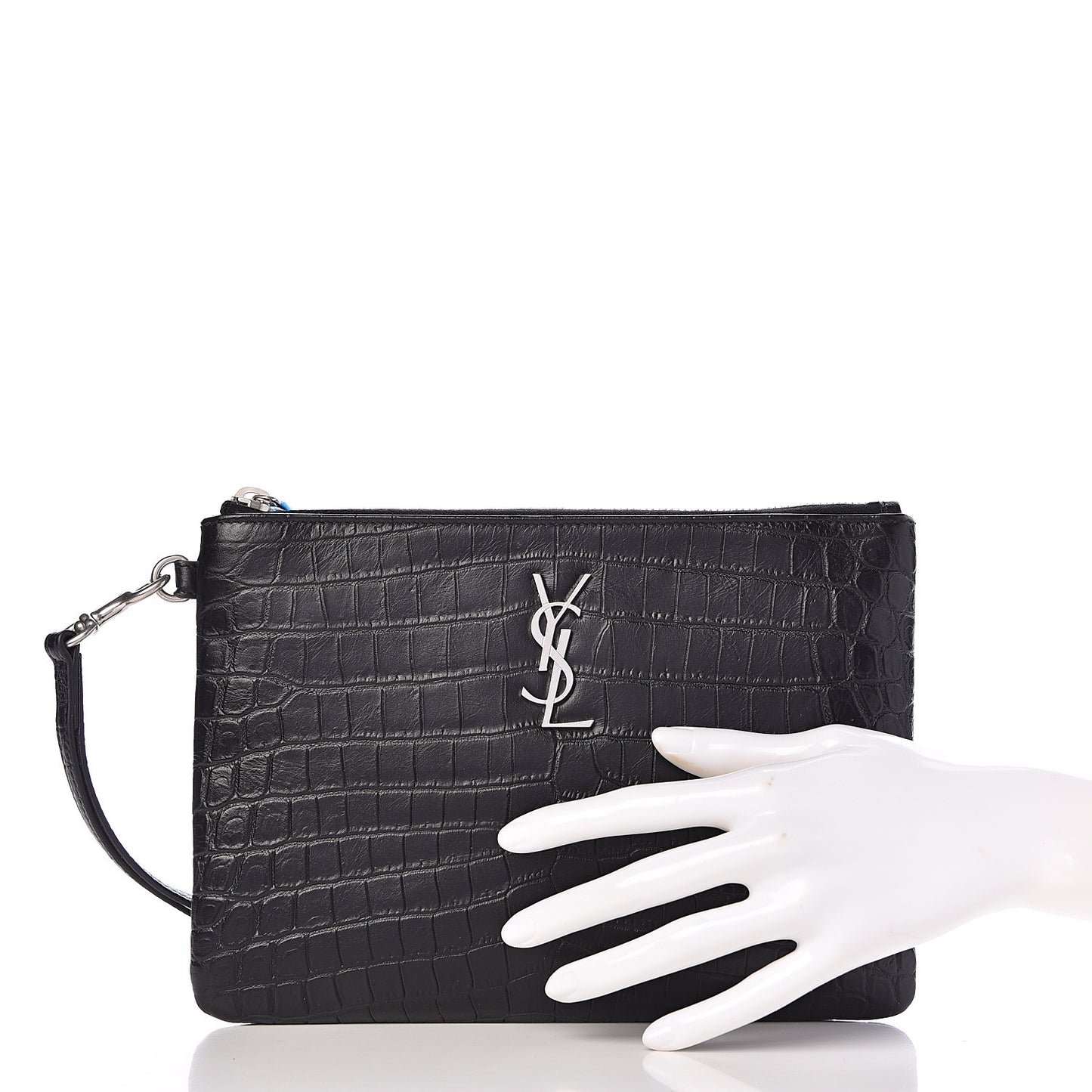 Calfskin Crocodile Embossed Monogram Zip Pouch Black