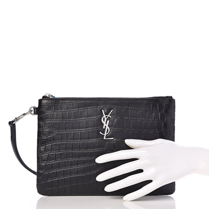 Saint Laurent Calfskin Crocodile Embossed Monogram Zip Pouch Black 2 of 8