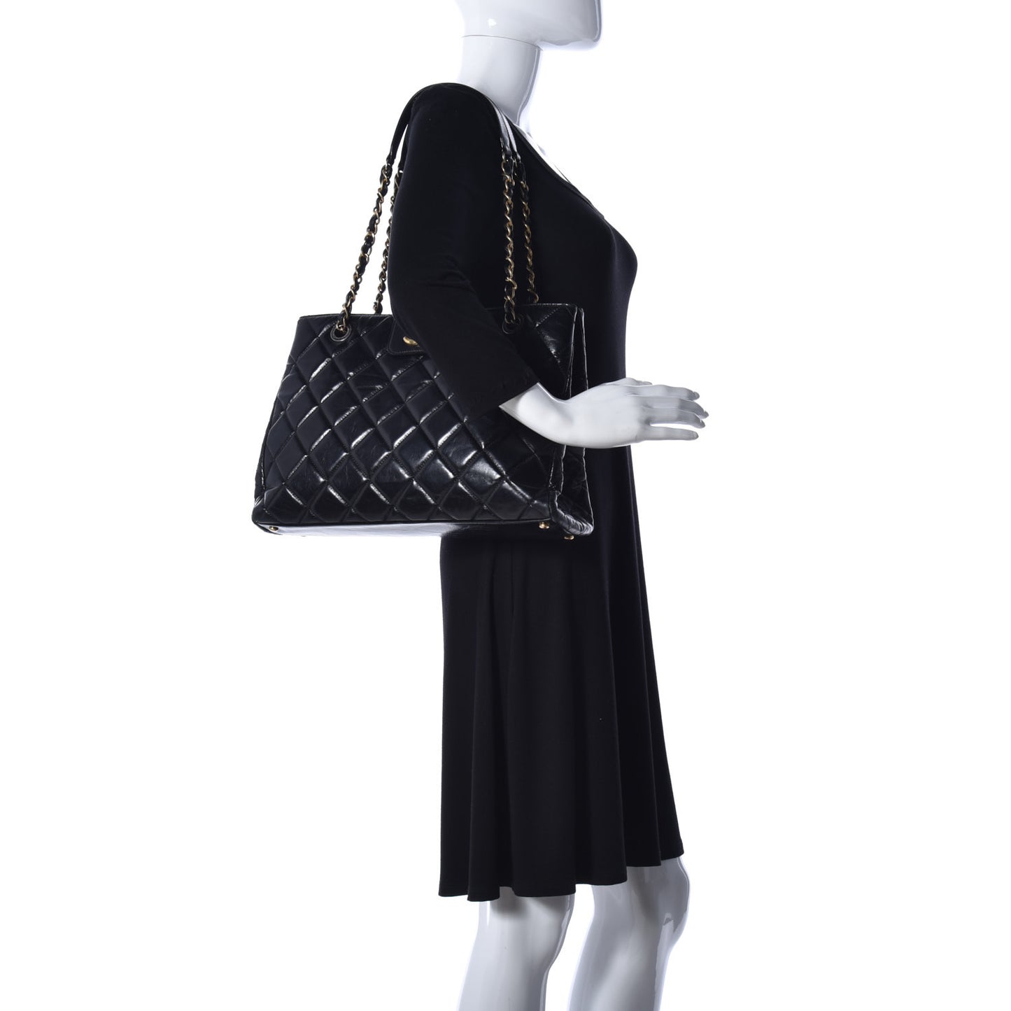 Glazed Calfskin Quilted Tote Black