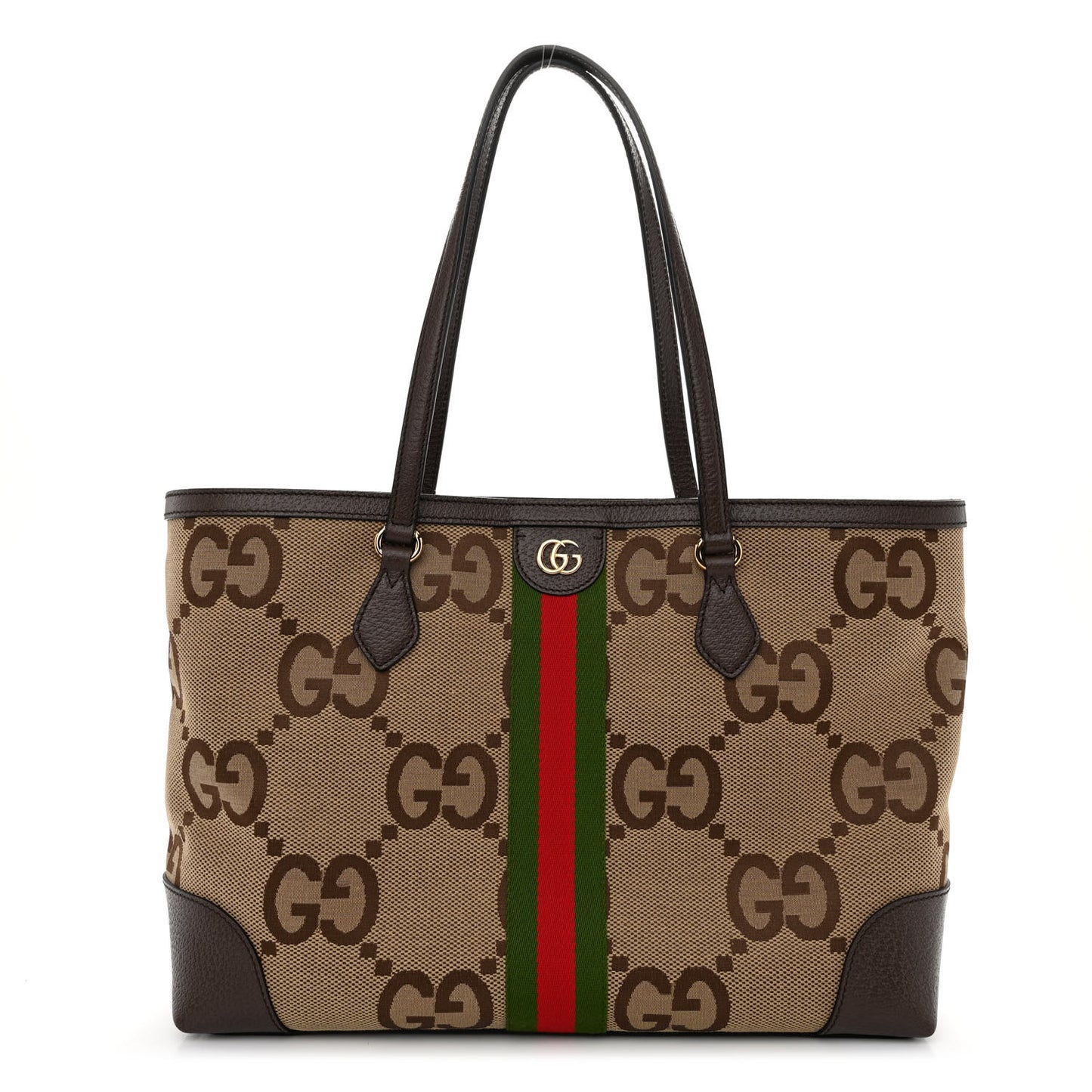 Monogram Jumbo GG Textured Dollar Calfskin Web Medium Ophidia Shopping Tote Camel Ebony