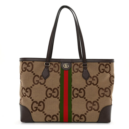 Gucci Monogram Jumbo GG Textured Dollar Calfskin Web Medium Ophidia Shopping Tote Camel Ebony 1 of 10