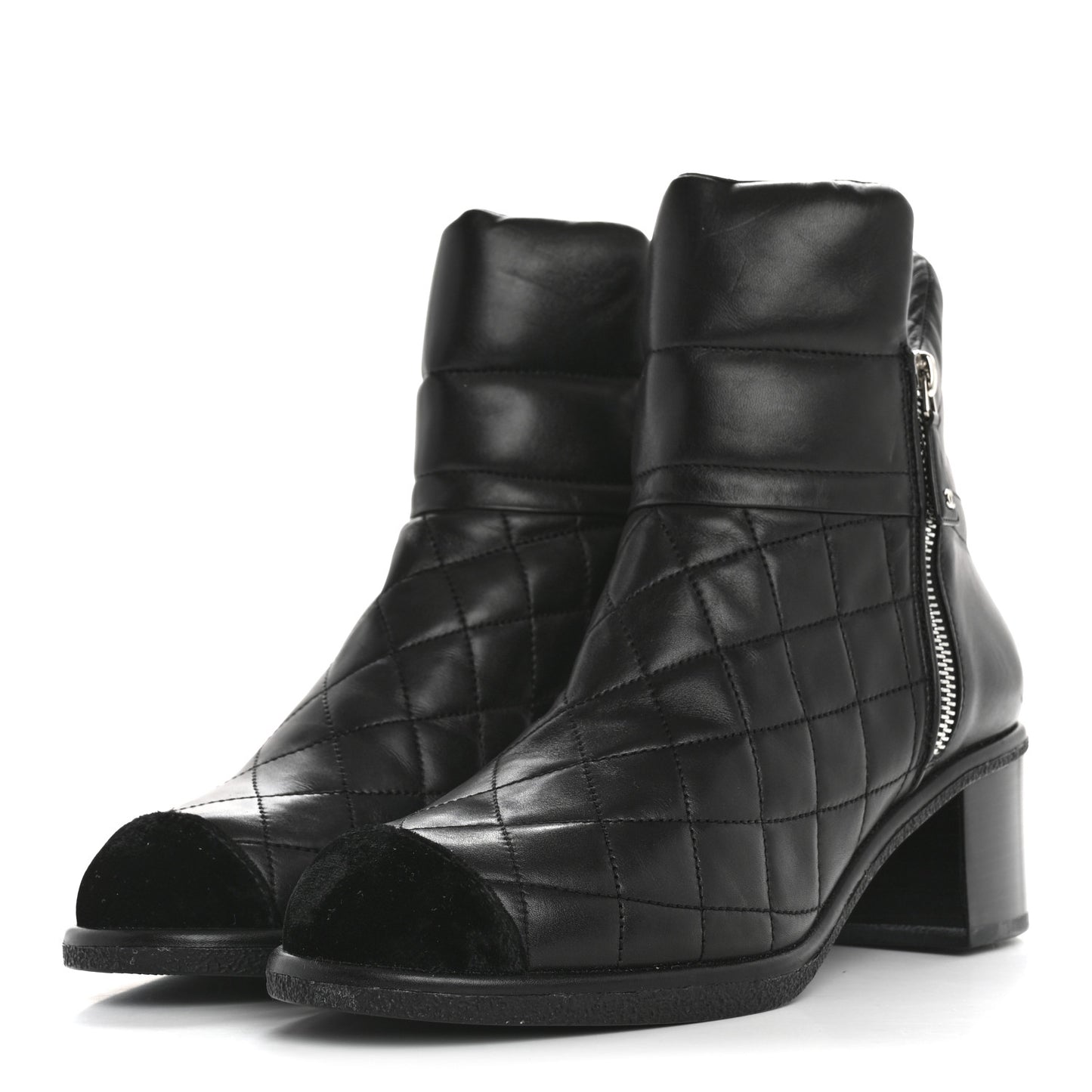 Lambskin Velvet Quilted Cap Toe Short Boots 40 Black