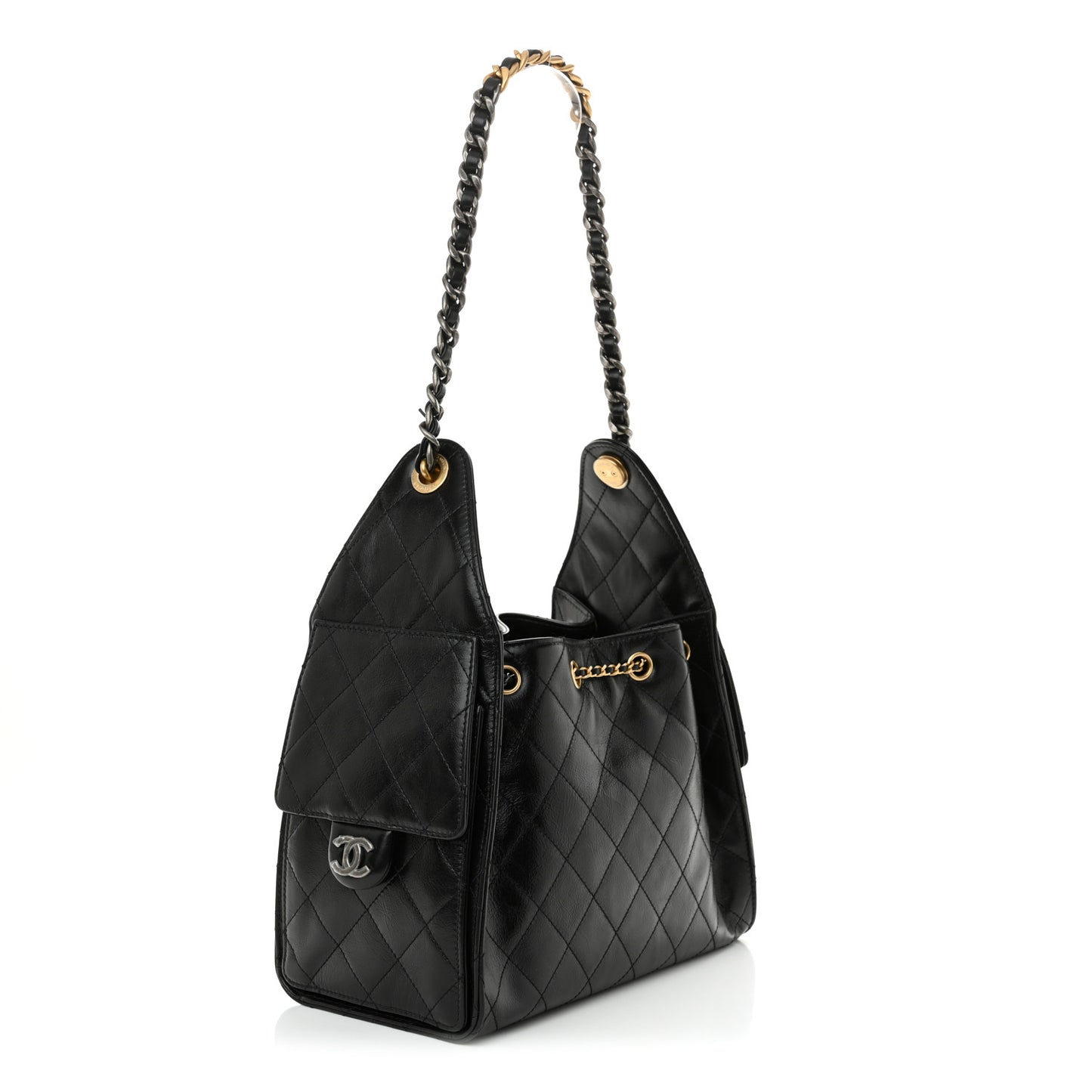 Shiny Crumpled Calfskin Quilted Small Chanel 25 Handbag Black