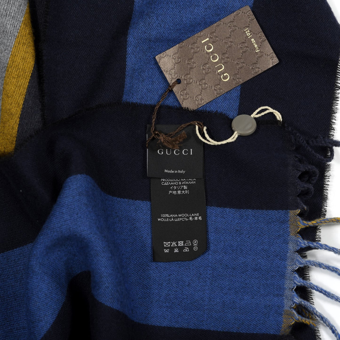 Wool Web GG Reversible Fringe Scarf Navy Light Grey