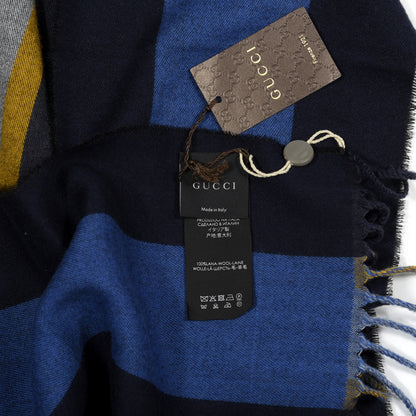Gucci Wool Web GG Reversible Fringe Scarf Navy Light Grey 2 of 3