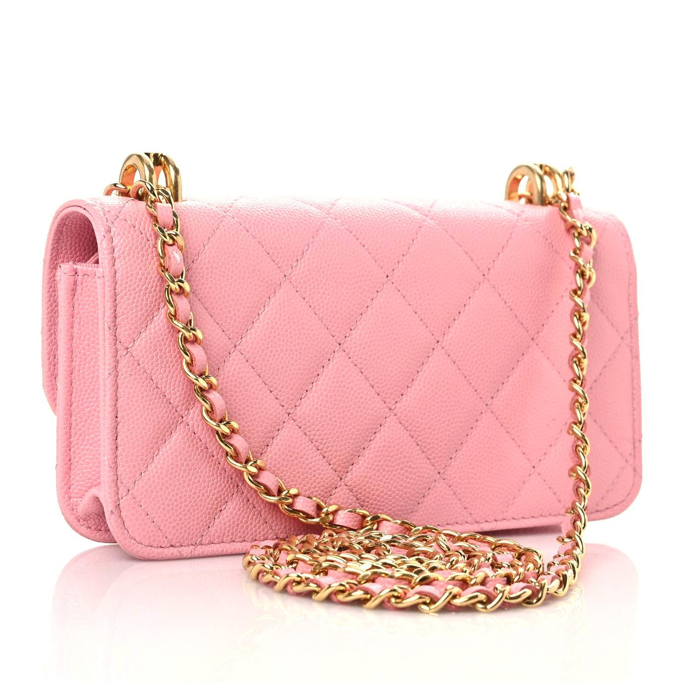 Caviar Quilted Flap Phone Holder With Chain Light Pink