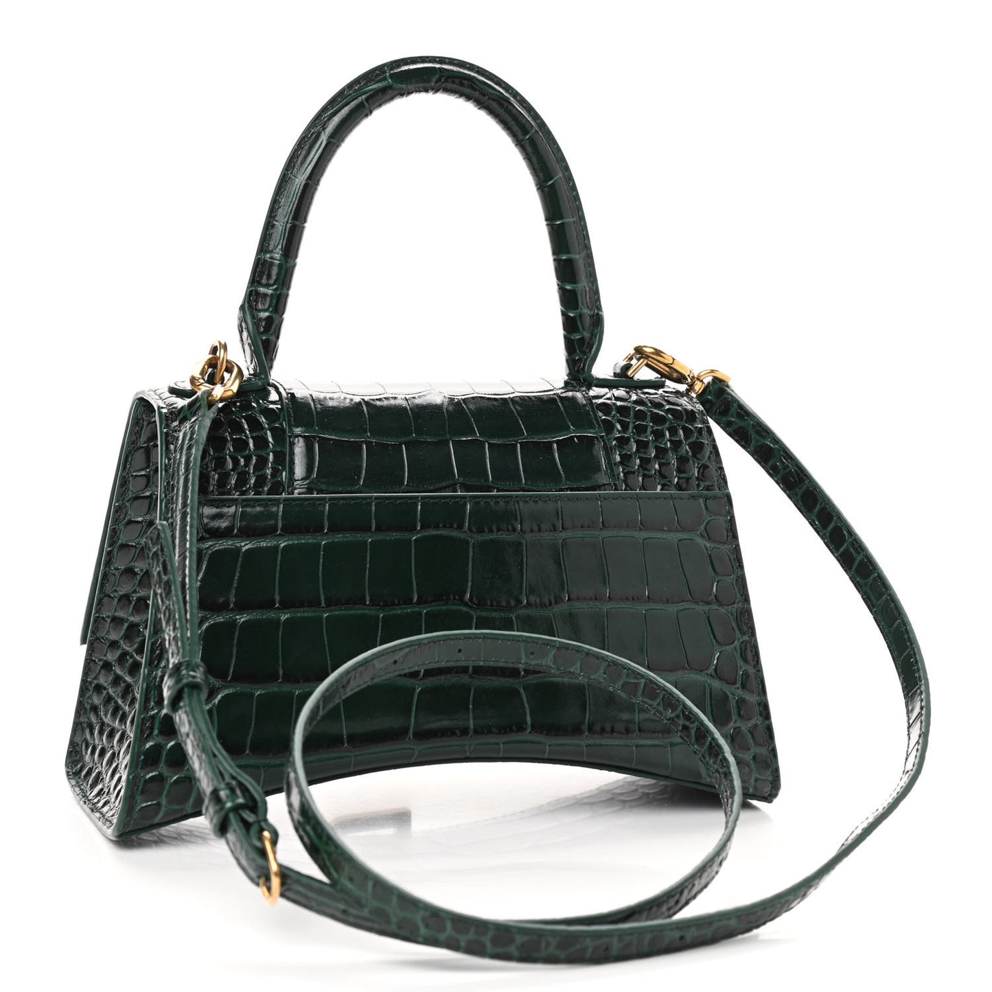 Shiny Calfskin Crocodile Embossed Small Hourglass Top Handle Bag Forest Green